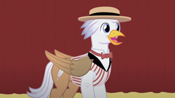 Size: 1280x720 | Tagged: safe, artist:mlp-silver-quill, imported from derpibooru, oc, oc:silver quill, hippogriff, after the fact, after the fact:filli vanilli, bowtie, clothes, curtains, hat, shirt, stage