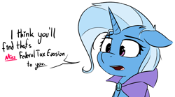 Size: 1338x742 | Tagged: safe, artist:pinkberry, imported from derpibooru, trixie, pony, unicorn, cape, clothes, colored sketch, dialogue, doodle, female, floppy ears, horn, mare, simple background, solo, talking, tax evasion, this will end in jail time, trixie's cape, white background