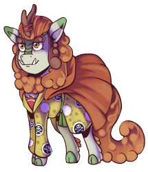 Size: 1487x1726 | Tagged: safe, artist:kenisu-of-dragons, imported from derpibooru, autumn blaze, kirin, big eyebrows, clothes, cloven hooves, cosplay, costume, crossover, female, jinbe, kimono (clothing), one piece, simple background, solo, tattoo, transparent background