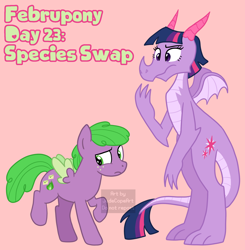 Size: 1872x1910 | Tagged: safe, artist:queertrixie, derpibooru exclusive, imported from derpibooru, spike, twilight sparkle, dragon, pegasus, pony, dragoness, dragonified, duo, duo male and female, februpony, female, male, pink background, ponified, ponified spike, role reversal, simple background, species swap, twilidragon, watermark