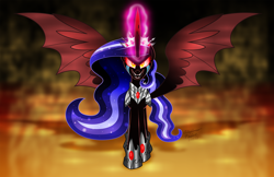 Size: 2000x1294 | Tagged: safe, artist:aleximusprime, imported from derpibooru, cozy glow, oc, oc:the sorceress, fanfic:oh mother where art thou, flurry heart's story, armor, bat wings, crown, evil, evil grin, female, glowing, glowing horn, grin, half note (cozy glow), horn, jewelry, mare, nightmare, nightmare cozy glow, nightmarified, oc villain, red horn, red sclera, regalia, slit pupils, smiling, solo, wavy mane, wings