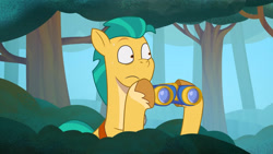 Size: 3072x1727 | Tagged: safe, imported from derpibooru, screencap, hitch trailblazer, earth pony, pony, spoiler:g5, spoiler:my little pony: tell your tale, spoiler:tyts01e46, binoculars, frown, g5, male, my little pony: tell your tale, pinpoint eyes, solo, sparky's sick, stallion, tree