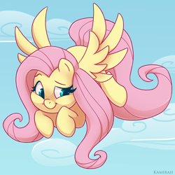 Size: 1300x1300 | Tagged: safe, artist:kamirah, imported from derpibooru, fluttershy, pegasus, pony, cloud, cute, daaaaaaaaaaaw, female, flying, mare, shyabetes, signature, sky, smiling, solo, spread wings, wings