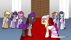 Size: 1920x1080 | Tagged: safe, artist:platinumdrop, imported from derpibooru, applejack, fluttershy, pinkie pie, rainbow dash, rarity, twilight sparkle, oc, oc:purple word, alicorn, canon x oc, clothes, dress, female, male, mane six, marriage, request, shipping, straight, tuxedo, twilight sparkle (alicorn), wedding, wedding dress