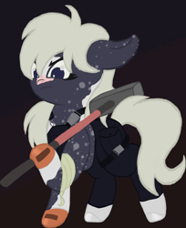 Size: 3468x4257 | Tagged: safe, imported from derpibooru, oc, oc:silverstreak, earth pony, pony, bandage, clothes, coat markings, commission, dappled, facial markings, gloves, hammer, pants, pinto, solo