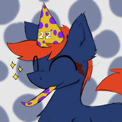 Size: 2000x2000 | Tagged: safe, artist:monycaalot, imported from derpibooru, oc, oc:fizakn catto, monster pony, original species, pony, tatzlpony, ^^, birthday, colored sketch, eyes closed, happy, hat, party hat, party horn, sketch, solo