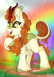 Size: 2894x4093 | Tagged: safe, artist:julunis14, imported from derpibooru, autumn blaze, kirin, sounds of silence, a kirin tale, cloven hooves, cute, female, high res, open mouth, pointing at self, rain, rainbow, raised hoof, scene interpretation, signature, singing, solo