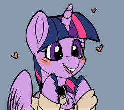 Size: 1800x1600 | Tagged: safe, artist:brainiac, imported from derpibooru, twilight sparkle, alicorn, pony, blushing, clapping, clopping hooves, clothes, collar, cute, female, floating heart, heart, mare, open mouth, open smile, pet play, pet tag, pony pet, smiling, solo, sweater, twilight sparkle (alicorn), unshorn fetlocks