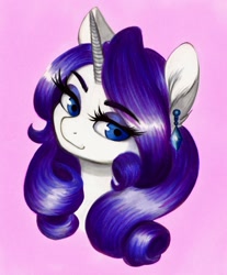 Size: 1050x1266 | Tagged: safe, artist:cherubisous, imported from derpibooru, rarity, pony, unicorn, bust, ear piercing, earring, eye clipping through hair, eyebrows, eyebrows visible through hair, eyeshadow, female, jewelry, makeup, mare, piercing, pink background, portrait, simple background, smiling, solo