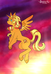 Size: 3900x5700 | Tagged: safe, artist:abelsrequiem, imported from derpibooru, sunset shimmer, alicorn, pony, alicornified, chest fluff, fluffy, flying, race swap, shimmercorn, solo, spread wings, unshorn fetlocks, wings