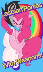 Size: 640x1080 | Tagged: safe, artist:brokenoutlet666, imported from derpibooru, pinkie pie, earth pony, pony, chainsaw, eyes closed, lesbian ponies with weapons, rainbow, solo, text, vylet pony
