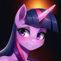 Size: 532x538 | Tagged: safe, imported from derpibooru, twilight sparkle, anthro, unicorn, ai content, ai generated, blushing, bust, female, generator:purplesmart.ai, generator:stable diffusion, portrait, solo