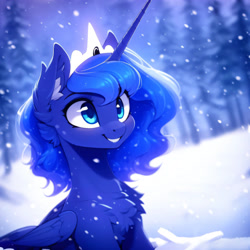 Size: 3072x3072 | Tagged: safe, derpibooru exclusive, editor:nightluna, imported from derpibooru, princess luna, alicorn, pony, ai content, ai generated, chest fluff, crown, diadem, ear fluff, female, folded wings, generator:purplesmart.ai, generator:stable diffusion, high res, horn, jewelry, mare, prompter:nightluna, regalia, smiling, snow, snowfall, solo, teeth, tree, wings, winter