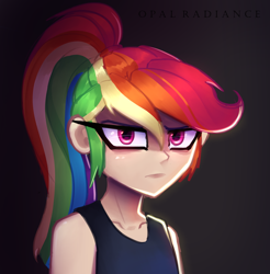 Size: 2520x2556 | Tagged: safe, artist:opal_radiance, imported from derpibooru, rainbow dash, human, equestria girls, angry, bare shoulders, glare, human coloration, humanized, looking at you, rainbow dash is not amused, sleeveless, solo, unamused