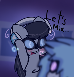 Size: 2032x2100 | Tagged: safe, artist:just loq, imported from derpibooru, dj pon-3, octavia melody, vinyl scratch, earth pony, pony, unicorn, blushing, duo, glasses, headphones, hypnosis, hypnotized, night