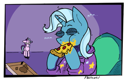 Size: 693x434 | Tagged: safe, artist:balileart, imported from derpibooru, starlight glimmer, trixie, pony, unicorn, clothes, duo, eating, eyes closed, food, pizza, sitting, text