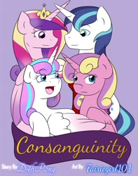 Size: 806x1024 | Tagged: safe, artist:fairiegirl101, artist:spearmint sonnet, imported from derpibooru, princess cadance, princess flurry heart, princess skyla, shining armor, alicorn, pony, unicorn, fanfic:consanguinity, fanfic:seven years, alternate universe, banner, dress uniform, family, fanfic, fanfic art, fanfic cover, female, group, horn, jewelry, lavender background, male, peytral, quartet, siblings, simple background, sisters, text, tiara, wings