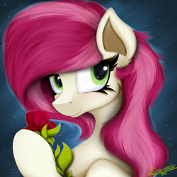 Size: 4000x4000 | Tagged: safe, artist:ser-p, imported from derpibooru, roseluck, earth pony, pony, absurd resolution, alternate hairstyle, bust, female, flower, mare, rose, smiling, solo