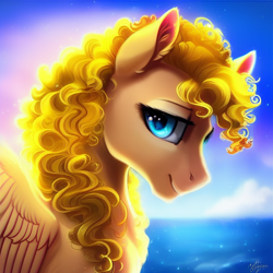 Size: 1024x1024 | Tagged: safe, generator:pony diffusion v3, imported from derpibooru, oc, oc only, oc:artemis sparkshower, pegasus, pony, fanfic:everyday life with guardsmares, ai content, ai generated, generator:stable diffusion, looking at you, ocean, prompter:siber, sky, smiling, smiling at you, solo, water