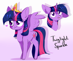 Size: 2365x1979 | Tagged: safe, artist:pledus, imported from derpibooru, part of a set, twilight sparkle, alicorn, pony, blushing, bust, crown, cute, ear fluff, eye clipping through hair, female, gradient background, heart, jewelry, leg fluff, mare, one ear down, open mouth, portrait, regalia, solo, sweat, twiabetes, twilight sparkle (alicorn)