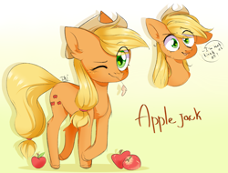 Size: 2524x1914 | Tagged: safe, artist:pledus, imported from derpibooru, part of a set, applejack, earth pony, pony, apple, bust, cute, dialogue, ear fluff, eye clipping through hair, female, food, gradient background, jackabetes, leg fluff, looking at you, mare, one eye closed, open mouth, portrait, smiling, solo, speech bubble, straw in mouth, wink