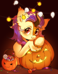 Size: 2265x2866 | Tagged: safe, artist:pledus, imported from derpibooru, oc, oc only, kirin, candy, cloven hooves, food, halloween, high res, holiday, jack-o-lantern, looking at you, pumpkin, pumpkin bucket, solo