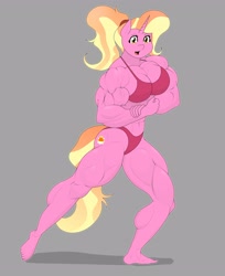 Size: 2958x3617 | Tagged: safe, artist:matchstickman, imported from derpibooru, luster dawn, anthro, plantigrade anthro, unicorn, abs, biceps, bikini, bodybuilder, breasts, busty luster dawn, calves, clothes, deltoids, female, flexing, gray background, looking at you, luster brawn, mare, muscles, muscular female, pecs, red bikini, red swimsuit, simple background, solo, swimsuit, thighs, thunder thighs, triceps