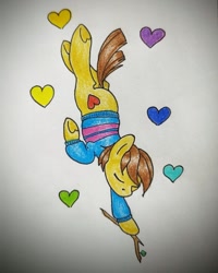 Size: 851x1064 | Tagged: safe, artist:mintytreble, imported from derpibooru, earth pony, pony, clothes, crossover, falling, frisk, heart, ponified, simple background, stick, sweater, traditional art, undertale