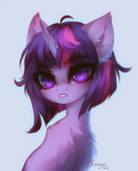 Size: 2060x2545 | Tagged: safe, artist:shenki, imported from derpibooru, twilight sparkle, pony, unicorn, bust, chest fluff, ear fluff, female, high res, mare, portrait, signature, simple background, solo, unicorn twilight