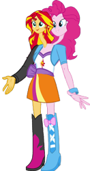 Size: 946x1793 | Tagged: safe, imported from derpibooru, pinkie pie, sunset shimmer, human, equestria girls, 1000 hours in ms paint, boots, clothes, conjoined, duo, high heel boots, jacket, multiple heads, shirt, shoes, simple background, skirt, transparent background, two heads, vest