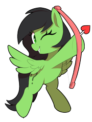 Size: 750x1000 | Tagged: safe, artist:thebatfang, imported from derpibooru, imported from ponybooru, oc, oc only, oc:filly anon, pegasus, pony, bow (weapon), cupid, female, filly, foal, hearts and hooves day, holiday, one eye closed, simple background, smiling, solo, spread wings, transparent background, valentine's day, wings, wink