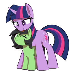 Size: 1200x1200 | Tagged: safe, artist:thebatfang, imported from derpibooru, imported from ponybooru, twilight sparkle, oc, oc:filly anon, earth pony, pony, unicorn, behaving like a cat, duo, female, filly, foal, horn, licking, mare, one eye closed, simple background, standing over, tongue out, transparent background, unicorn twilight