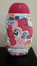 Size: 720x1280 | Tagged: safe, imported from derpibooru, pinkie pie, earth pony, pony, brazilian portuguese, cute, irl, looking at you, merchandise, photo, shampoo, solo