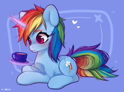 Size: 2700x2000 | Tagged: safe, artist:shelti, imported from derpibooru, rainbow dash, pony, unicorn, backwards cutie mark, colored pupils, commission, cup, female, glowing, glowing horn, high res, horn, levitation, magic, mare, race swap, signature, sitting, solo, teacup, telekinesis, unicorn rainbow dash