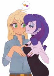 Size: 2894x4093 | Tagged: safe, artist:haibaratomoe, imported from derpibooru, applejack, rarity, human, equestria girls, alternate hairstyle, belt, blushing, clothes, cute, denim, dress, duo, eyeshadow, female, heart, jackabetes, jeans, jewelry, lesbian, looking at each other, looking at someone, makeup, nail polish, pants, raribetes, rarijack, ring, shipping, shirt, simple background, white background