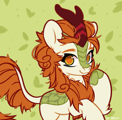 Size: 2024x2000 | Tagged: safe, artist:shelti, imported from derpibooru, autumn blaze, kirin, abstract background, cloven hooves, colored pupils, eyebrows, female, green background, high res, hoof heart, looking at you, pointing at self, signature, smiling, smiling at you, solo, standing, underhoof