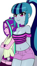 Size: 1250x2200 | Tagged: safe, artist:nekojackun, imported from derpibooru, aria blaze, sonata dusk, human, equestria girls, alternate clothes, aria flat, arisona, arm behind back, bare shoulders, belly button, big breasts, booty shorts, bracelet, braless, breast envy, breasts, busty sonata dusk, choker, cleavage, clothes, crossed arms, delicious flat chest, duo, duo female, eyelashes, eyeshadow, female, jealous, jewelry, lesbian, lips, makeup, midriff, miniskirt, off shoulder, pigtails, ponytail, sexy, shipping, short shirt, shorts, simple background, skirt, small breasts, socks, thigh highs, vest, white background