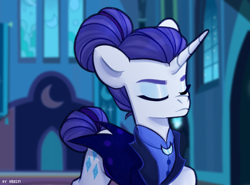 Size: 2700x2000 | Tagged: safe, artist:shelti, imported from derpibooru, rarity, pony, unicorn, alternate hairstyle, alternate timeline, blurry background, clothes, colored pupils, eyes closed, female, high res, mare, night maid rarity, nightmare takeover timeline, signature, solo, standing