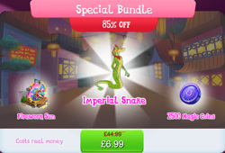 Size: 1262x857 | Tagged: safe, imported from derpibooru, bundle, bush, costs real money, english, fireworks, gameloft, grootslang, magic coins, mobile game, my little pony: magic princess, numbers, official, sale, solo, solo focus, stage, text, unnamed character, unnamed snake