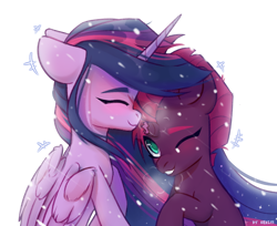 Size: 2568x2100 | Tagged: safe, artist:shelti, imported from derpibooru, tempest shadow, twilight sparkle, alicorn, pony, unicorn, colored pupils, duo, female, high res, lesbian, mare, shipping, signature, simple background, tempestlight, twilight sparkle (alicorn)