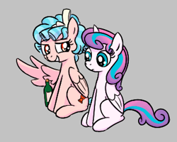 Size: 341x273 | Tagged: safe, artist:somethingatall, imported from derpibooru, cozy glow, princess flurry heart, alicorn, pegasus, pony, alcohol, bottle, duo, female, filly, foal, gray background, horn, older, older flurry heart, simple background, sitting, smiling, wine, wine bottle, wings