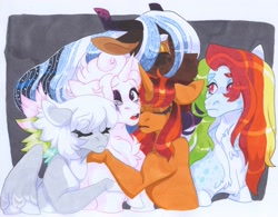 Size: 3790x2954 | Tagged: safe, artist:frozensoulpony, imported from derpibooru, oc, oc:pastel sails, oc:phoenix fireworks, oc:prince azimuth, oc:rose, oc:sundance tinker, hybrid, pegasus, pony, unicorn, female, hug, interspecies offspring, magical lesbian spawn, mare, offspring, parent:discord, parent:double diamond, parent:princess luna, parent:rainbow dash, parent:sunset shimmer, parent:thunderlane, parent:twilight sparkle, parents:doubledash, parents:lunacord, parents:sunsetsparkle, parents:thunderdash, traditional art