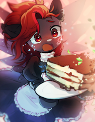 Size: 1509x1935 | Tagged: safe, artist:astralblues, imported from derpibooru, oc, oc only, pegasus, pony, blushing, cake, clothes, female, food, maid, mare, open mouth, solo, teary eyes