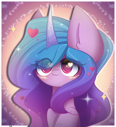 Size: 2000x2200 | Tagged: safe, artist:miryelis, imported from derpibooru, izzy moonbow, pony, unicorn, big ears, bust, cute, g5, gradient mane, heart, heart eyes, horn, impossibly large ears, long hair, looking at you, simple background, smiling, smiling at you, solo, sparkles, wingding eyes