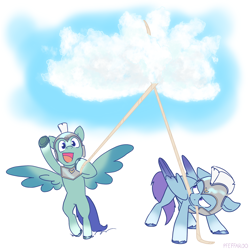 Size: 2048x2048 | Tagged: safe, artist:pfeffaroo, imported from derpibooru, pegasus, pony, armor, bipedal, cloud, cute, duo, duo male and female, female, g5, guardsmare, helmet, hoof hold, lasso, looking back, male, mare, mouth hold, open mouth, open smile, pegasus royal guard, rope, royal guard, smiling, stallion, thunder flap, thundorable, underhoof, zoom zephyrwing