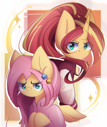 Size: 1900x2250 | Tagged: safe, artist:miryelis, imported from derpibooru, fluttershy, sunset shimmer, pegasus, pony, unicorn, barrette, big ears, bocchi the rock!, clothes, cosplay, costume, crossover, hitori gotoh, horn, impossibly large ears, jacket, long hair, looking at you, saki nikaido, simple background, smiling, smiling at you, wings, zombieland saga