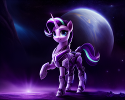 Size: 1920x1536 | Tagged: safe, generator:pony soup v1, imported from derpibooru, starlight glimmer, pony, unicorn, ai assisted, ai content, armor, clothes, female, flower, generator:stable diffusion, looking at you, mare, mass effect, planet, power armor, prompter:siber, raised hoof, solo, space, stars