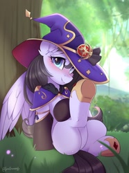 Size: 1522x2048 | Tagged: safe, alternate version, artist:sonigiraldo, imported from derpibooru, oc, oc only, pegasus, pony, butt, chest fluff, clothes, ear fluff, female, forest background, genshin impact, hat, holiday, mona (genshin impact), plot, ponified, raised hoof, signature, sitting, smiling, socks, solo, witch costume, witch hat
