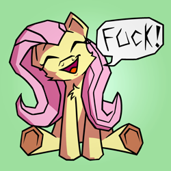 Size: 2000x2000 | Tagged: safe, artist:liminalbunny, imported from derpibooru, fluttershy, pegasus, pony, ^^, angular, eyes closed, gradient background, open mouth, open smile, out of character, sitting, smiling, solo, speech bubble, underhoof, vulgar