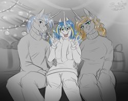 Size: 1000x786 | Tagged: safe, artist:sunny way, imported from derpibooru, oc, oc:golden goal, oc:twin tips, oc:winter solstice, anthro, unicorn, christmas, christmas lights, christmas tree, daughter, double peace sign, family, father, female, happy, happy family, holiday, male, mare, mother, patreon, patreon reward, peace sign, stallion, tree, trio